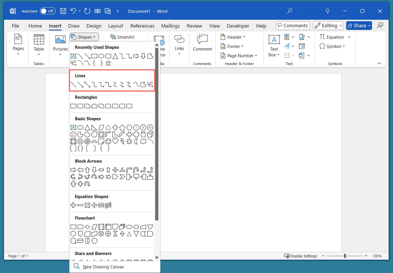 How to insert a line in Word