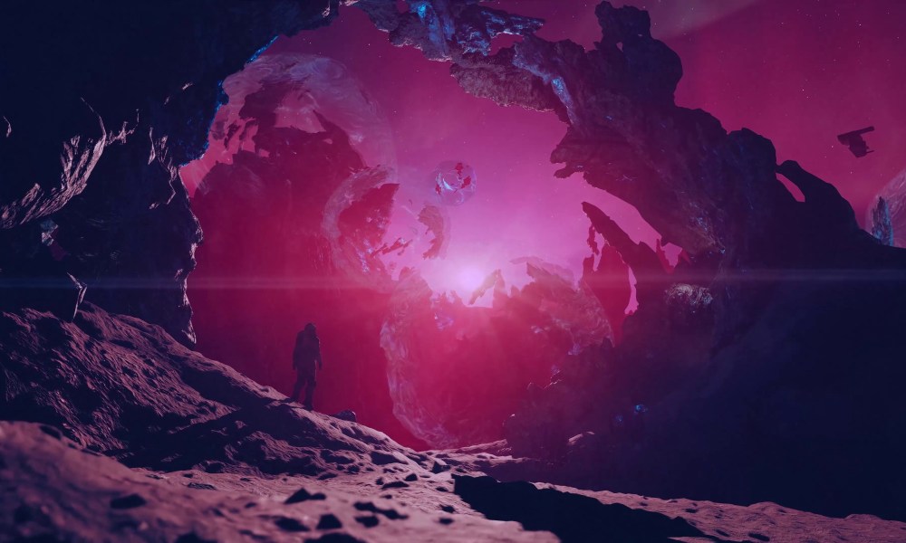 A glowing pink sky with a person standing in the middle of a natural rock archway in Starfield: Shattered Space.