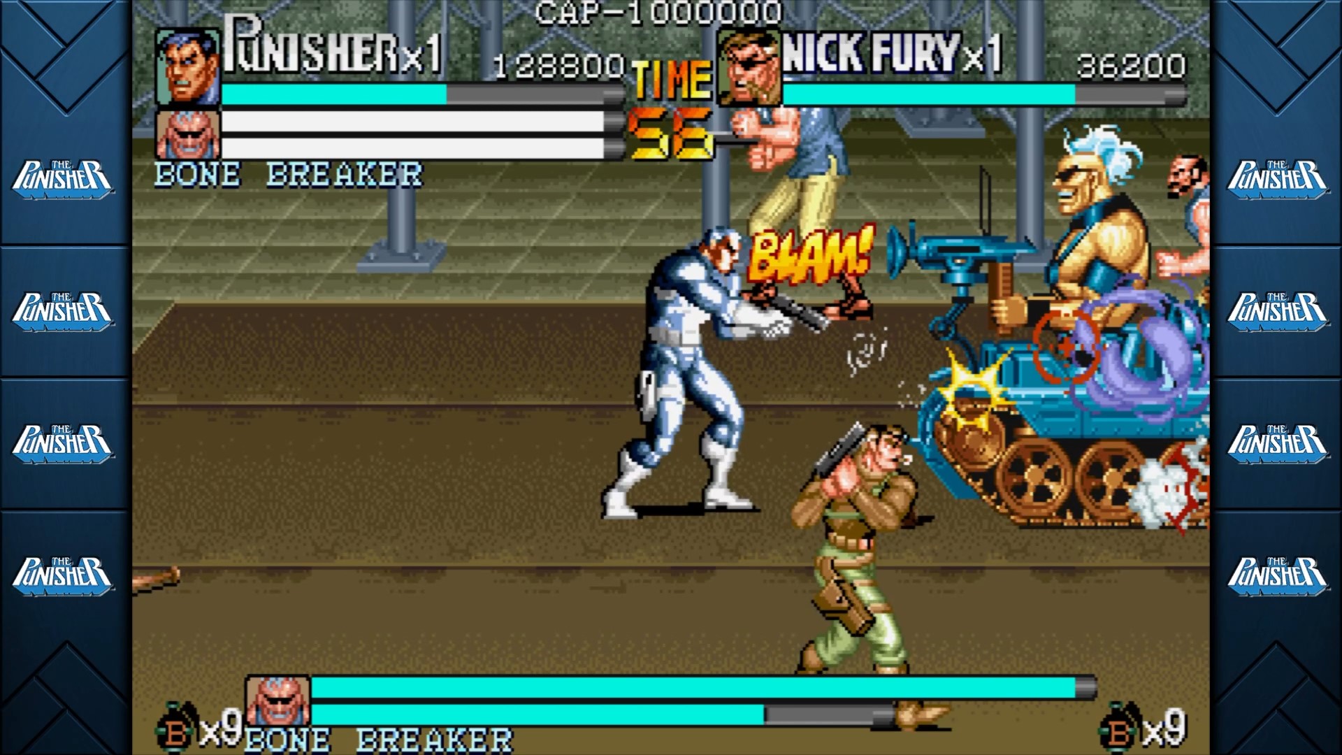 The Punisher and Nick Fury fight a boss in Marvel vs. Capcom Fighting Collection: Arcade Classics.