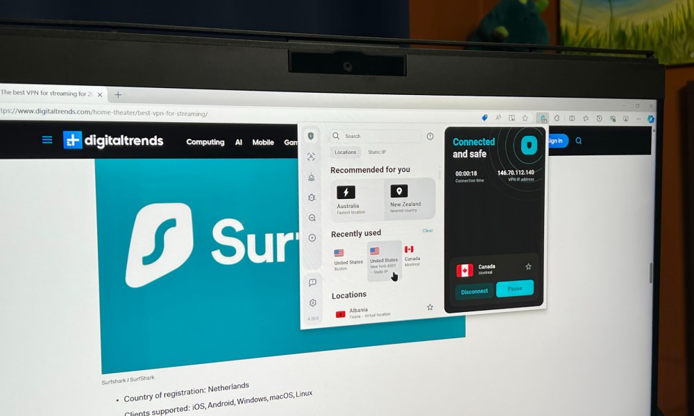 The Surfshark extension is running in the Edge browser on a PC monitor.