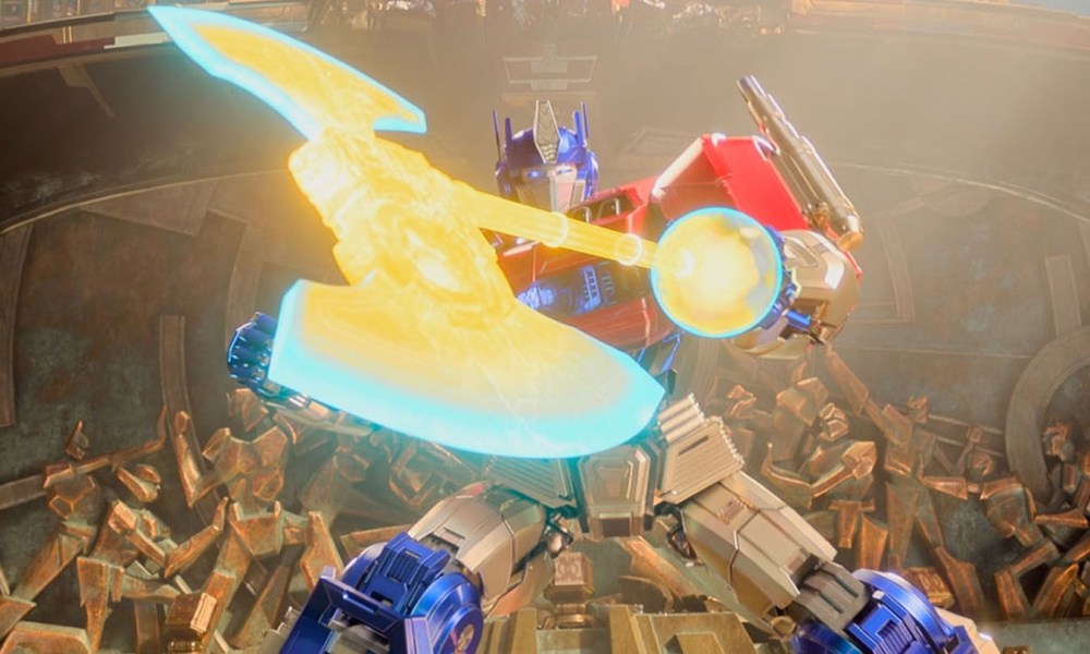 Optimus Prime wields an energy axe in Transformers One.