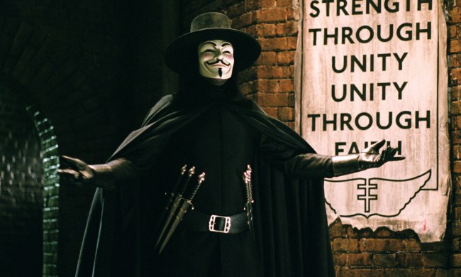 The vigilante V wearing his mask and costume in V for Vendetta.