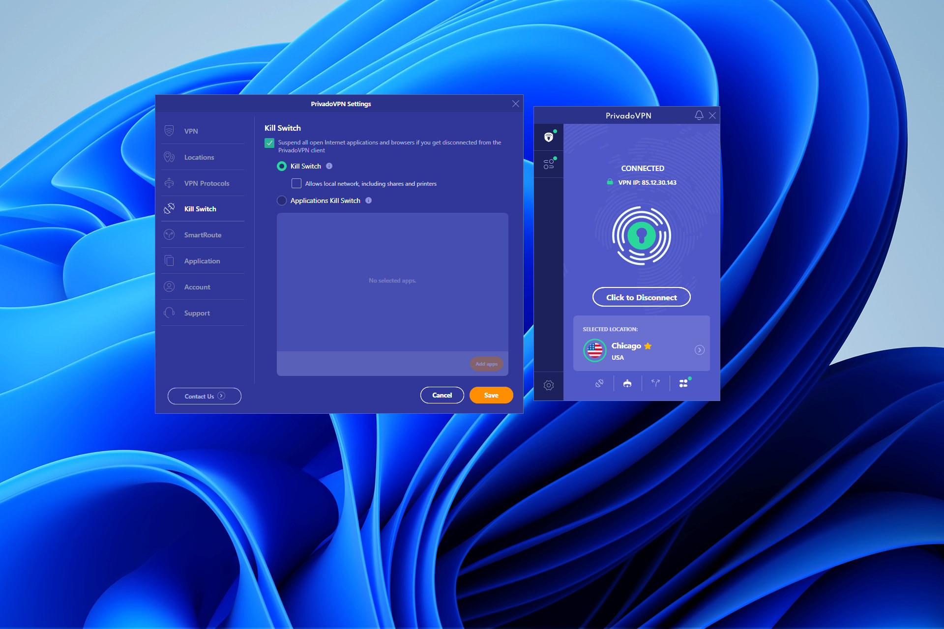 Si bien la ventana principal de PrivadoVPN es pequeña, una segunda ventana de configuración ayuda a ajustar las opciones.