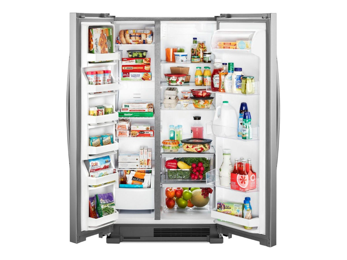 The Whirlpool 25.1 cubic foot side-by-side refrigerator against a white background.