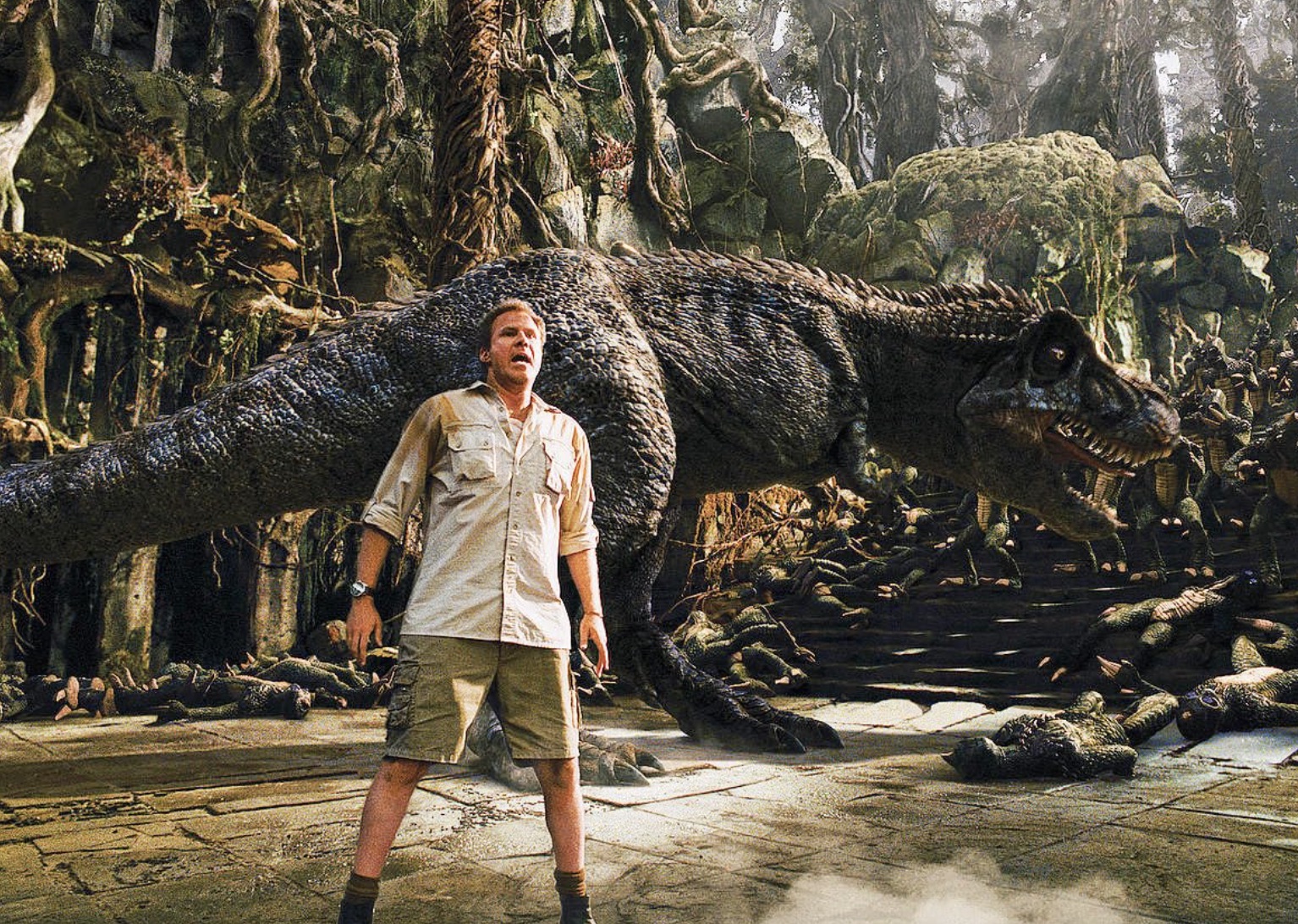 Will Ferrell está na frente de um dinossauro.