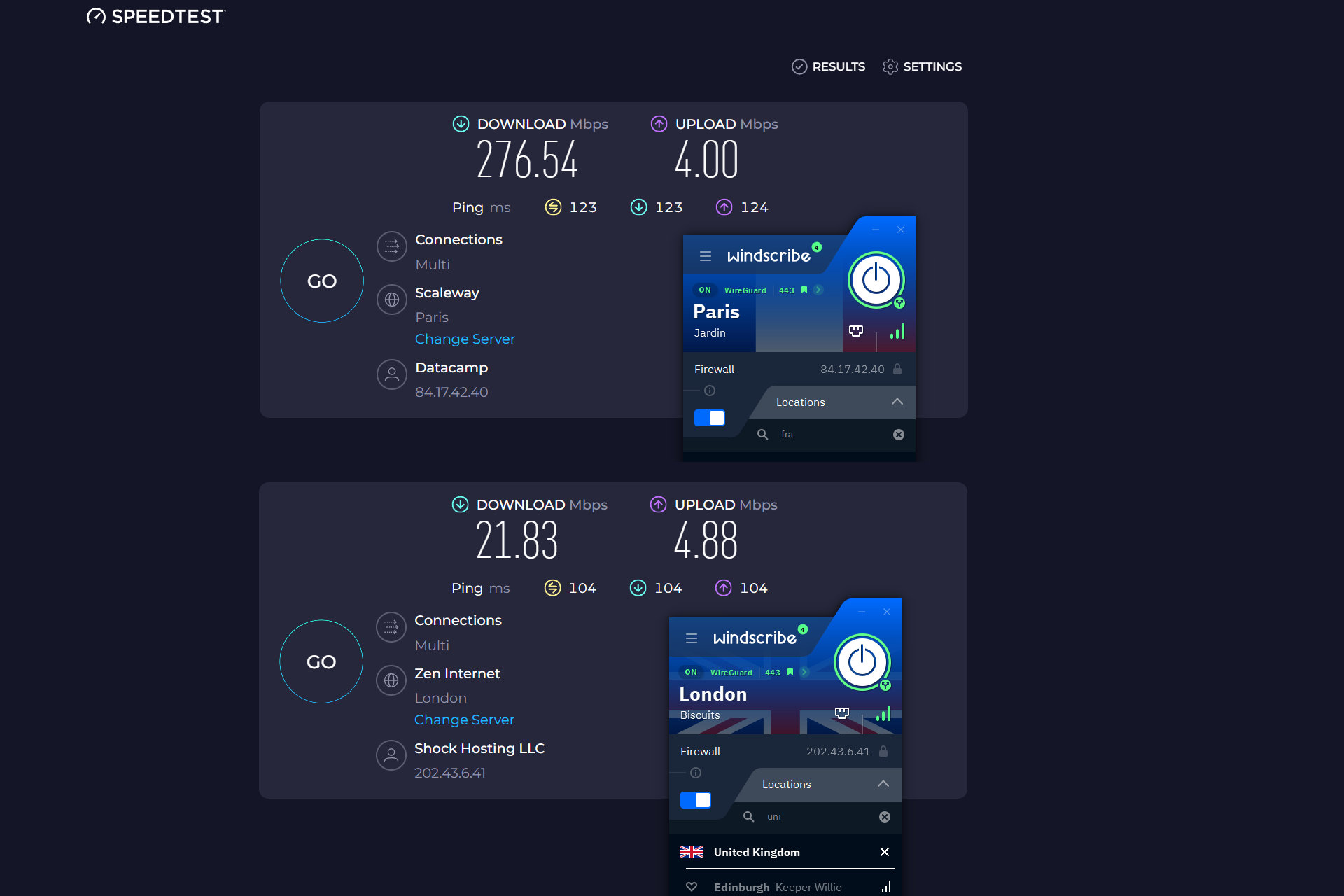 Windscribe tenía buena velocidad para Francia, pero los servidores del Reino Unido eran lentos.