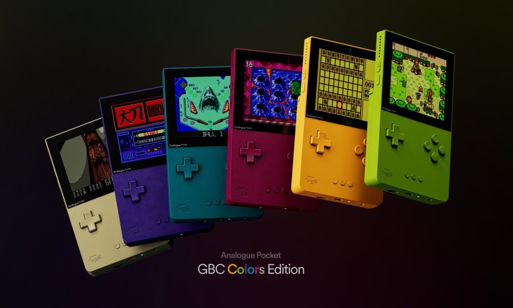 Six Analogue Pockets lined up in a row with Game Boy Color colors.