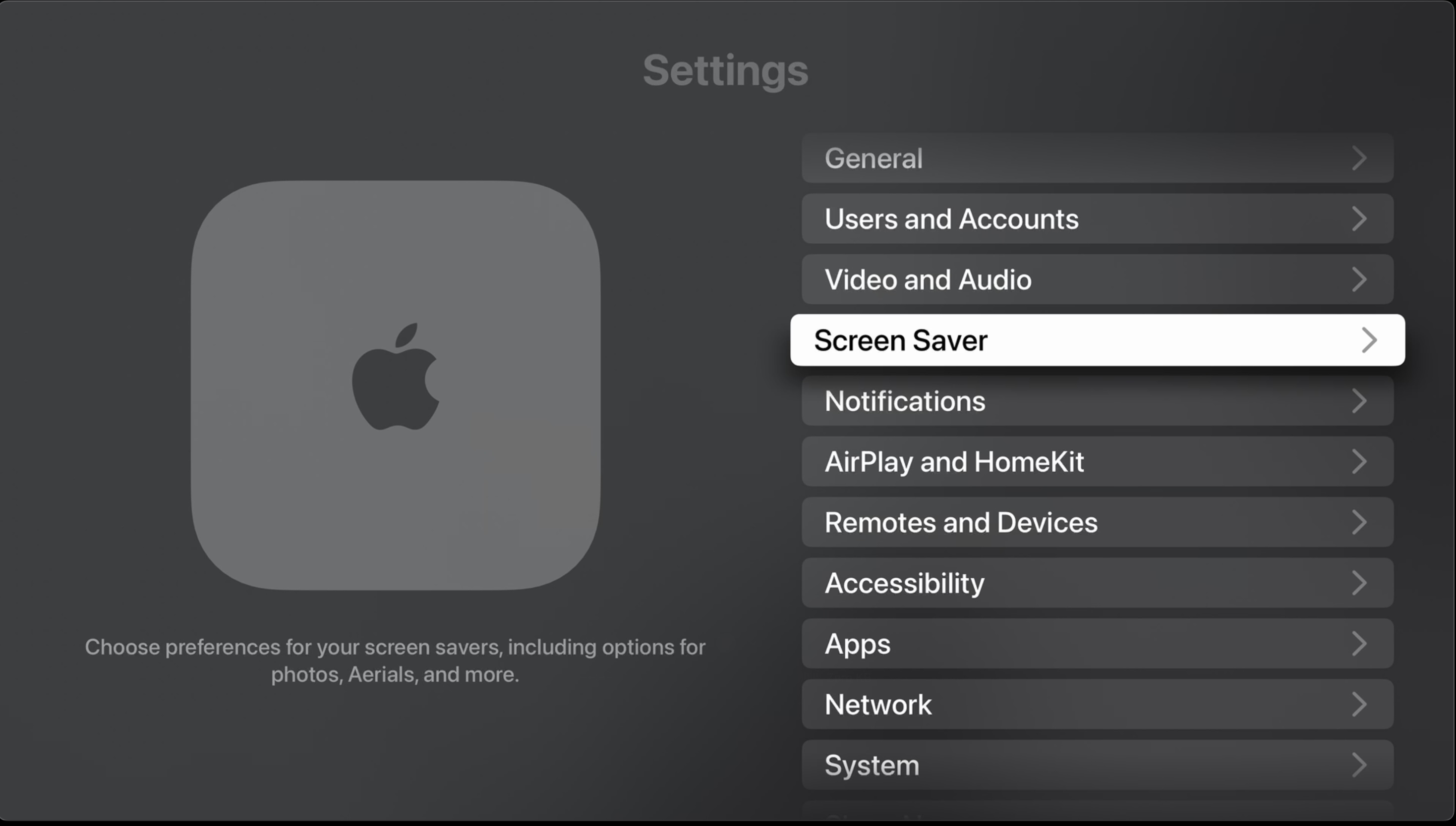 Option d'économiseur d'écran Apple TV.