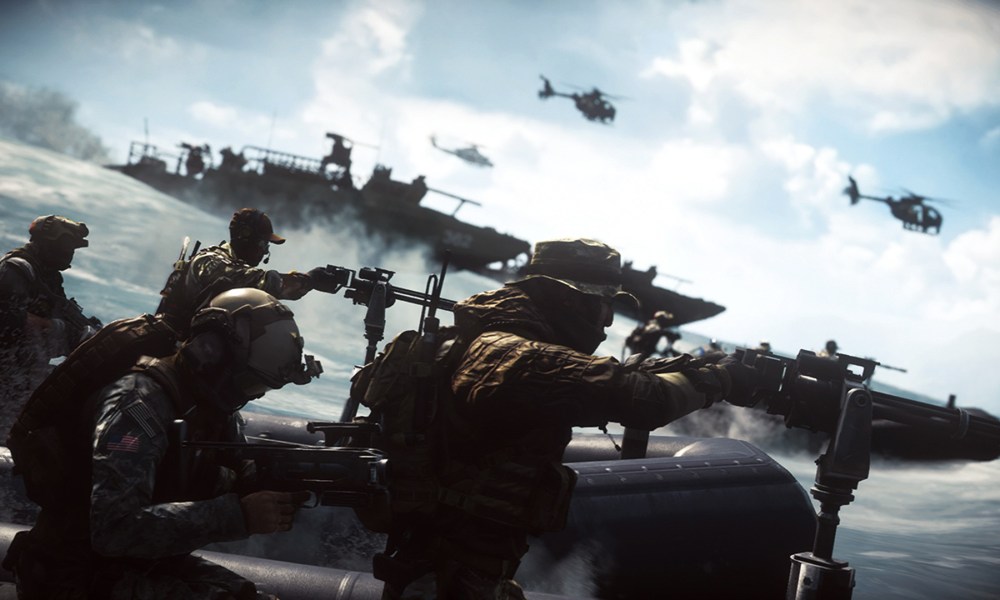 Soldiers standing behind turret guns in Battlefield 4.