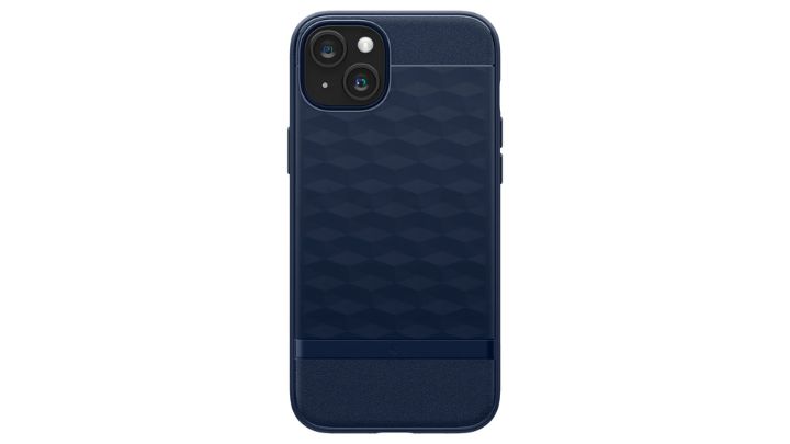 The Caseology iPhone 15 Plus Parallax Mag Case in Midnight Blue.