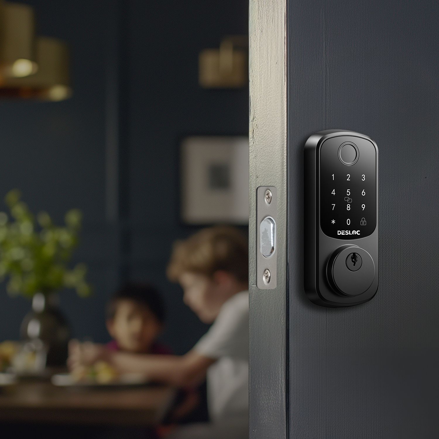 The DESLOC B200 smart lock is attached to a grey door.