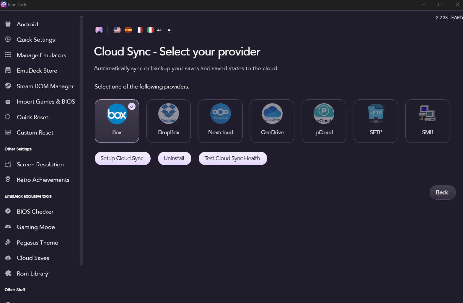 Cloud settings in EmuDeck software.