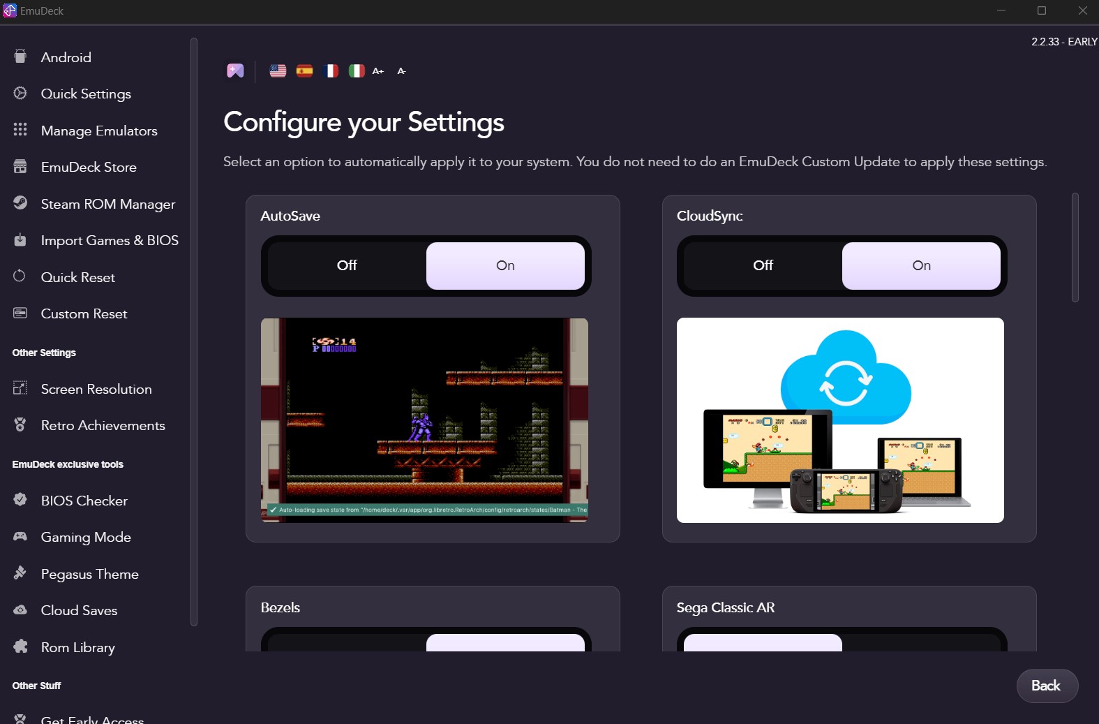 Settings in EmuDeck software.