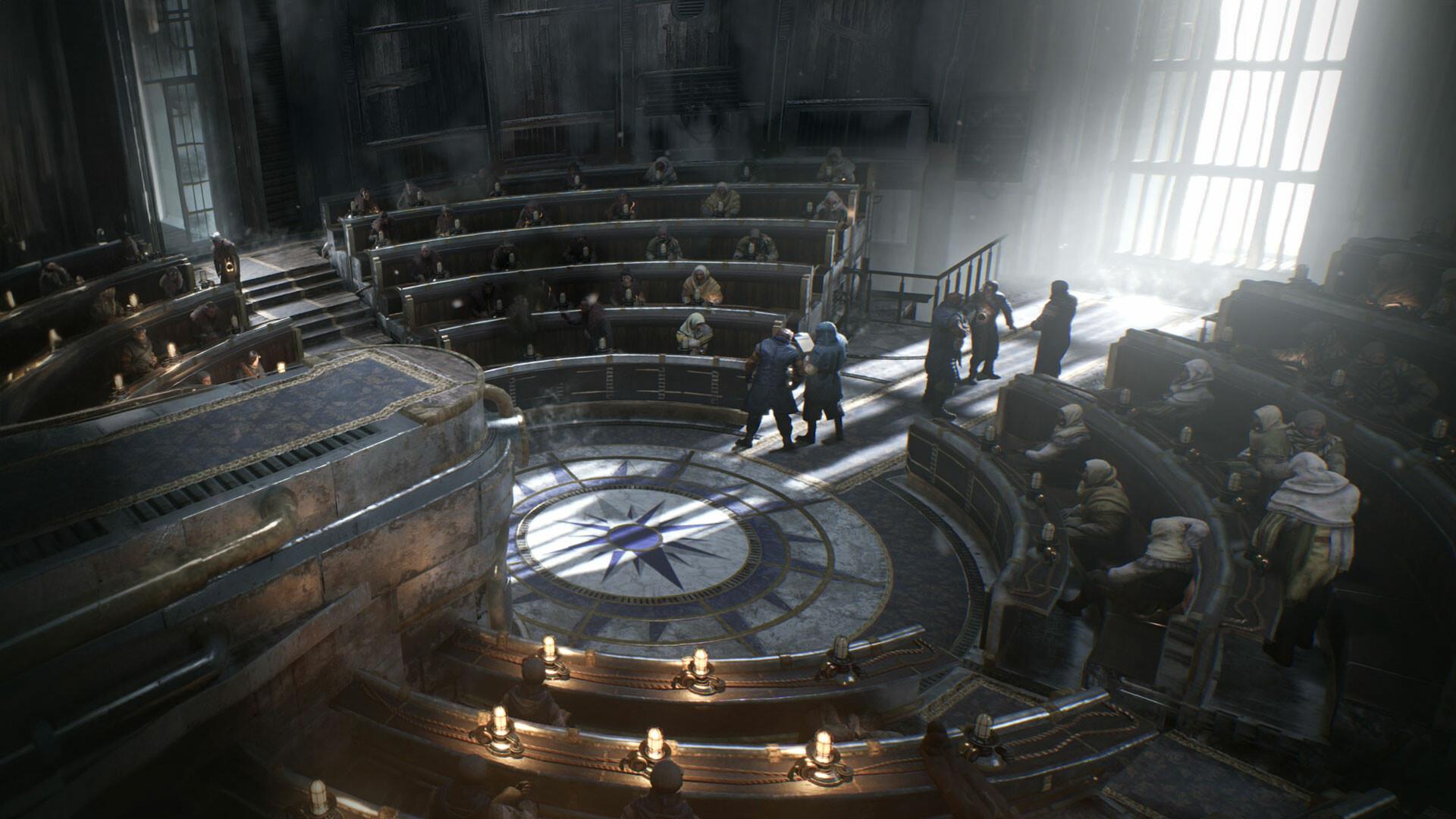 A council sits in a hall in Frostpunk 2.