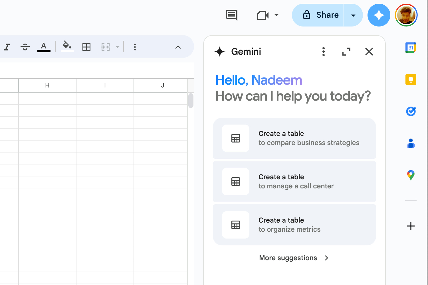 New structured table format in Google Sheets for Gemini.