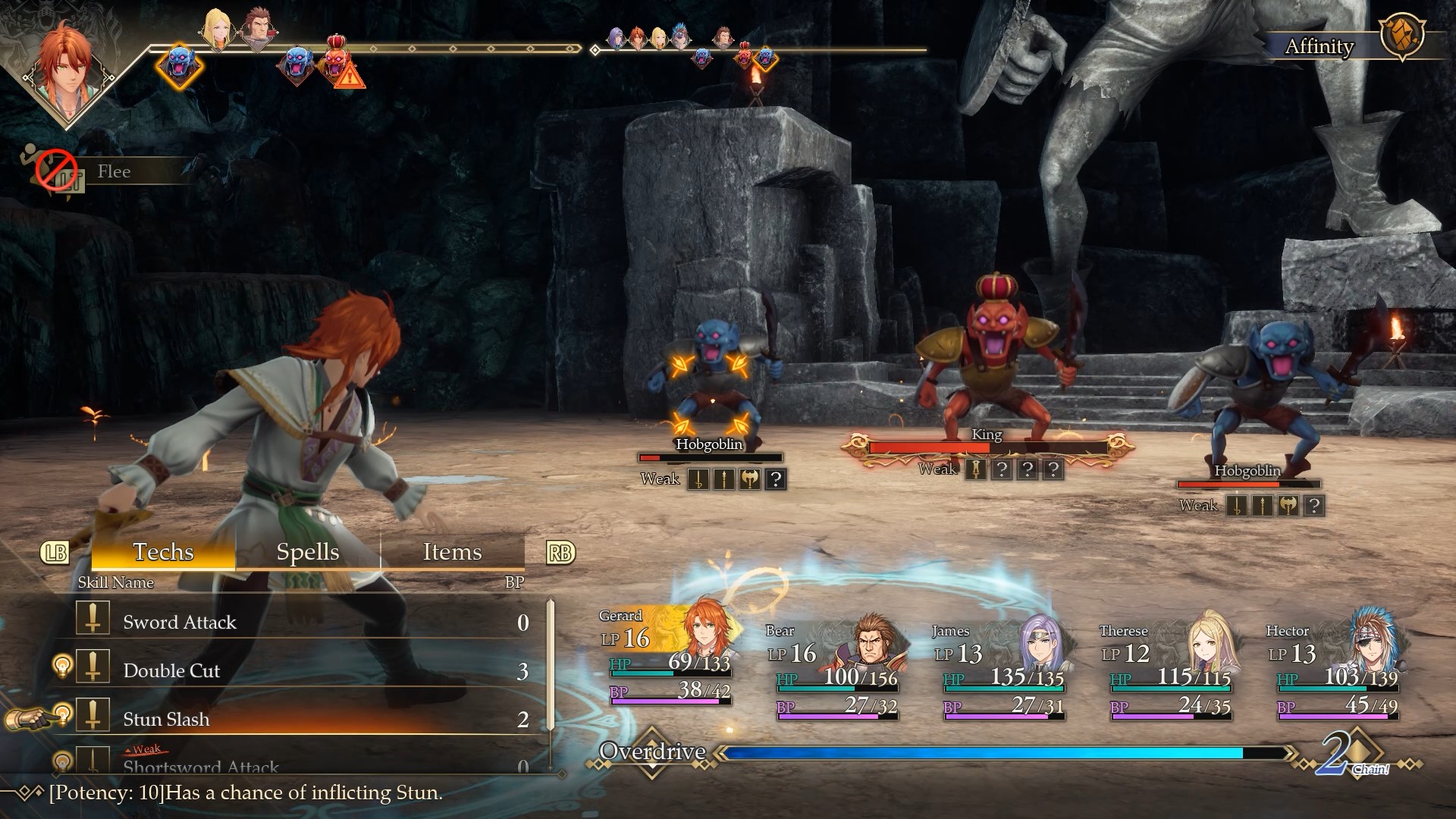 Gerard red-haired boy facing enemies in turn-based combat with Glimmer light bulb next to attack