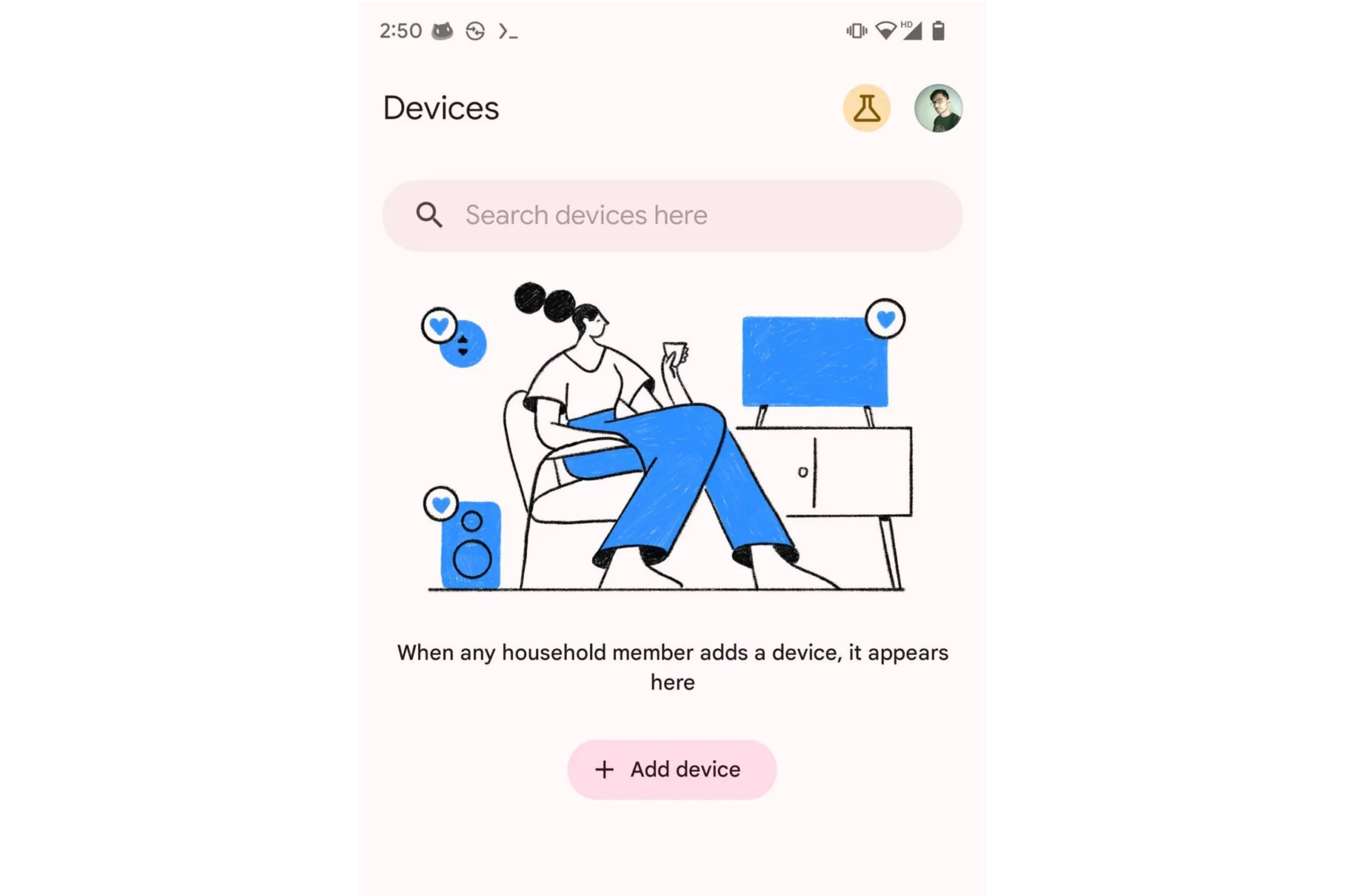 Uma captura de tela de um novo recurso da barra de pesquisa no app Google Home.