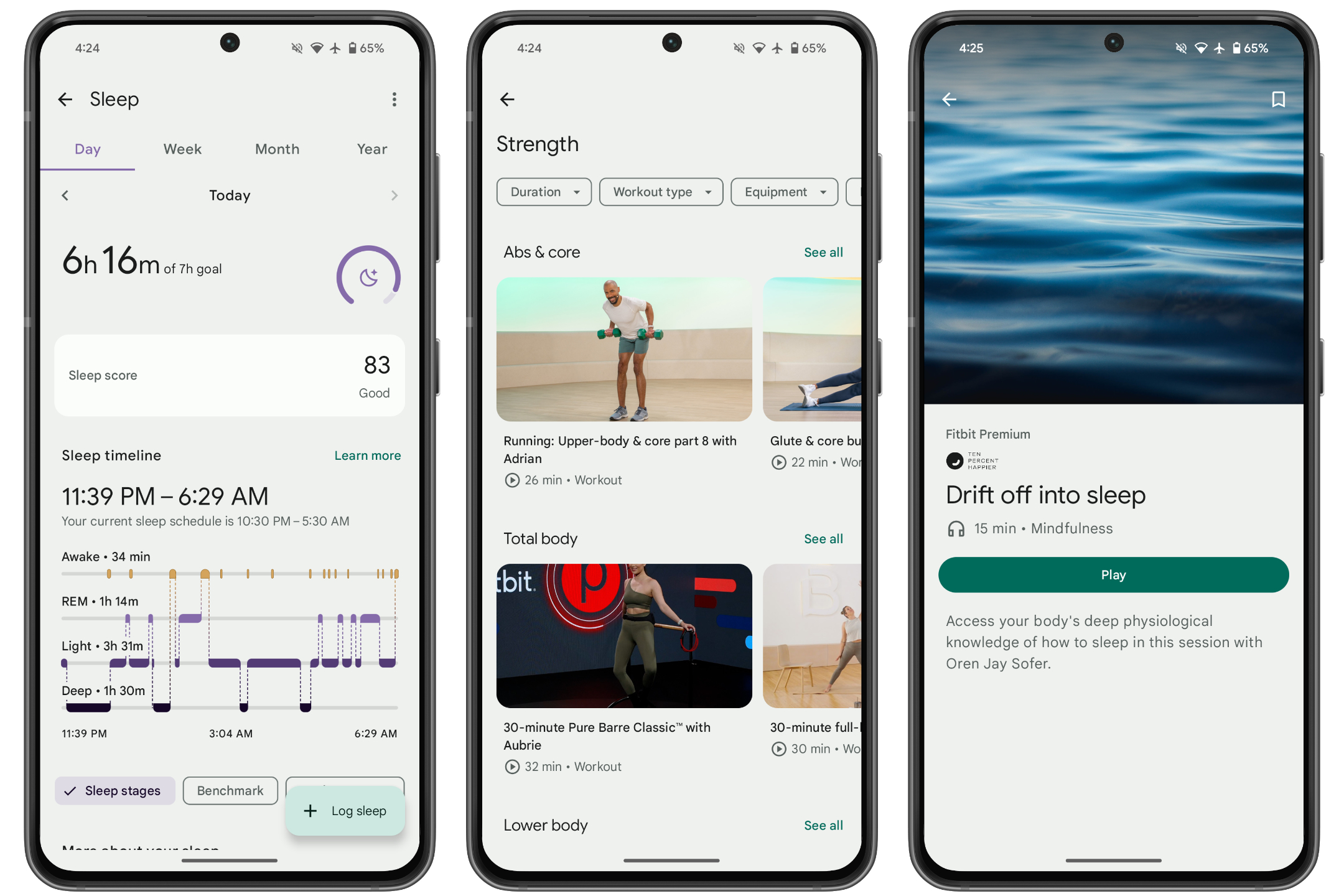 Screenshots of sleep tracking data, guided workouts, and mindfulness sessions in the Fitbit app.