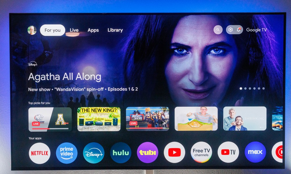 The default Google TV homescreen, as seen on the Onn 4K Pro.