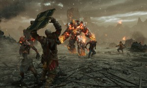 Kratos fighting a boss in God of War Ragnarok.