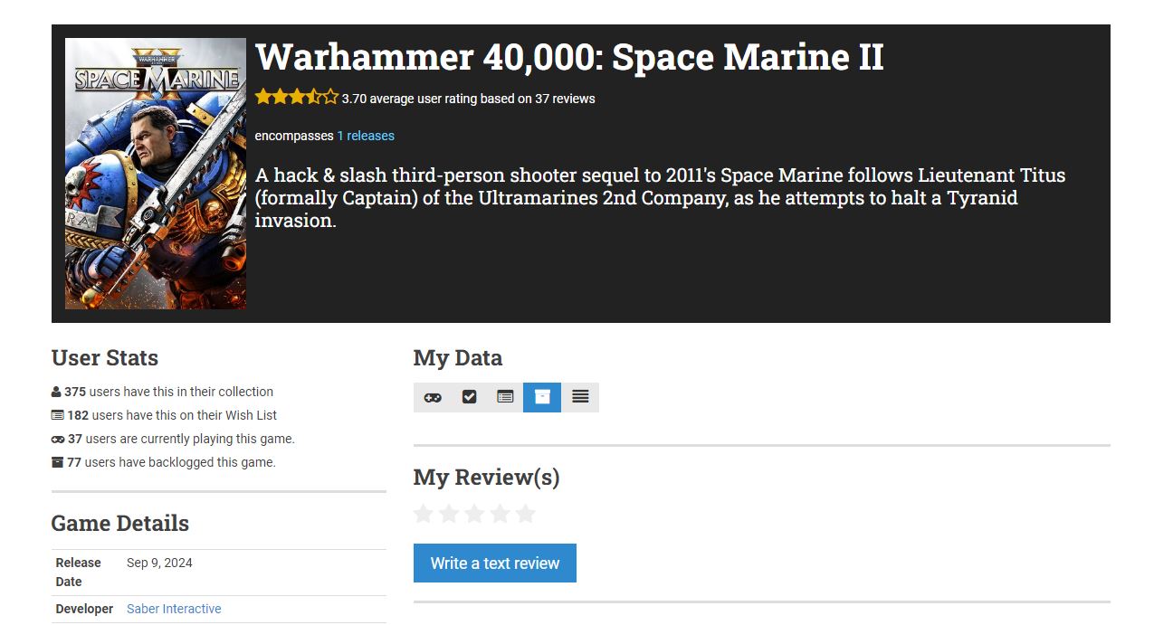 Warhammer 40,000: Space Marine 2 appears on Grouvee.