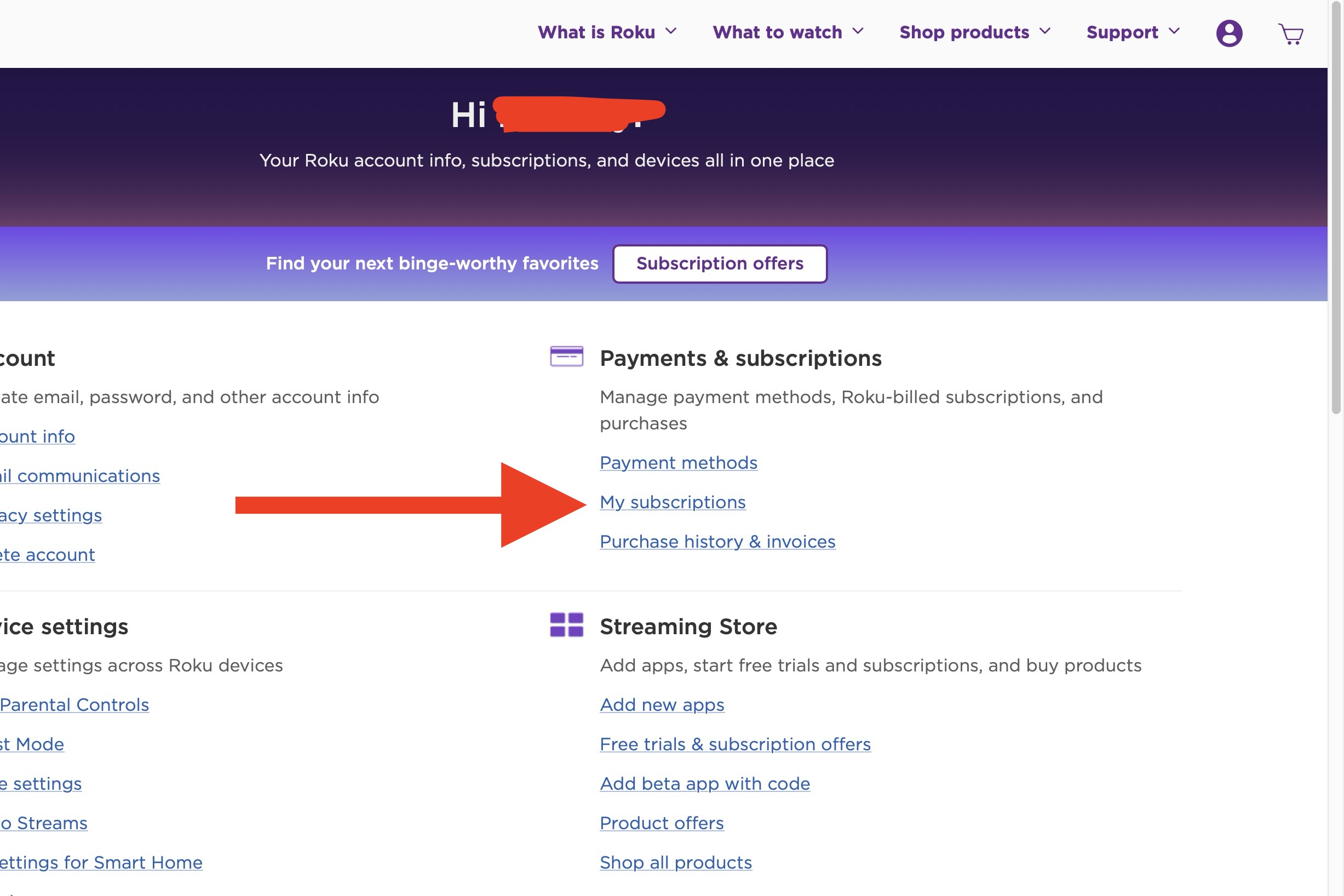 A red arrow pointing to the My Subscriptions option on Max streaming service Roku's website.