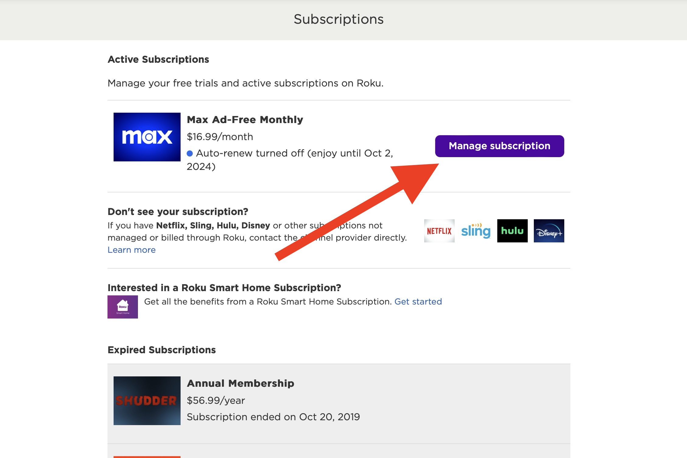 The Manage subscription button for Max.