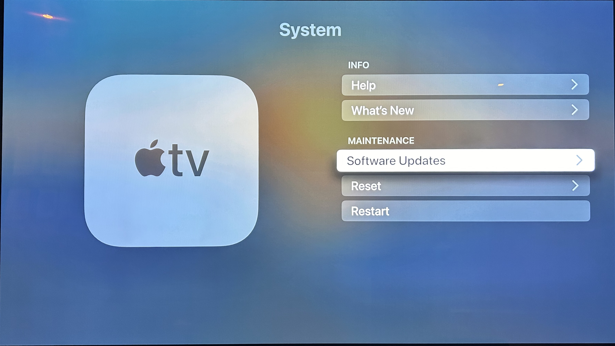 Updating an Apple TV 4K to tvOS 18: Step 4.