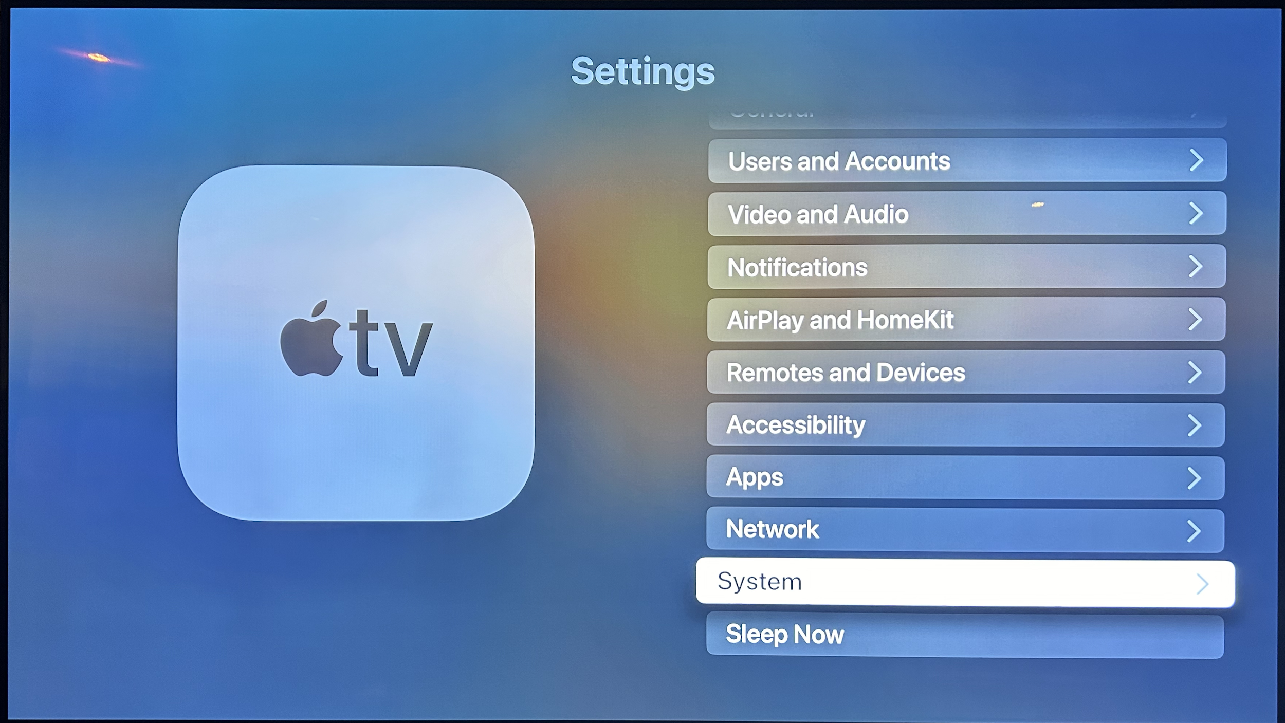 Updating an Apple TV 4K to tvOS 18: Step 3.