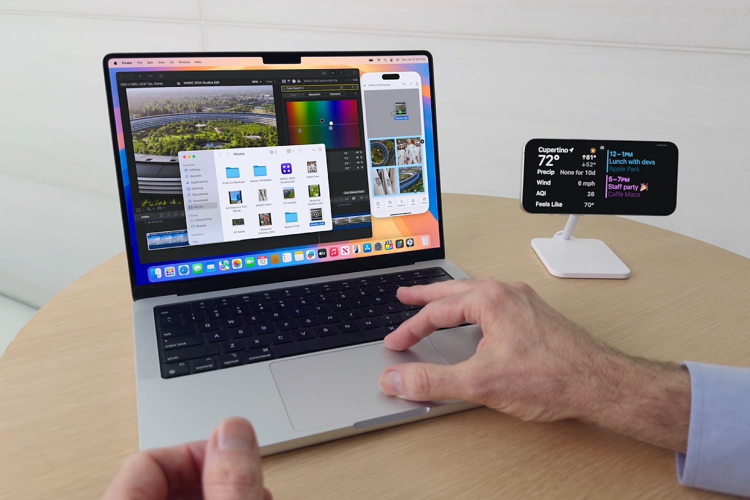 Apple's Craig Federighi demonstrates the iPhone Mirroring feature in macOS Sequoia at the Worldwide Developers Conference (WWDC) in June 2024.