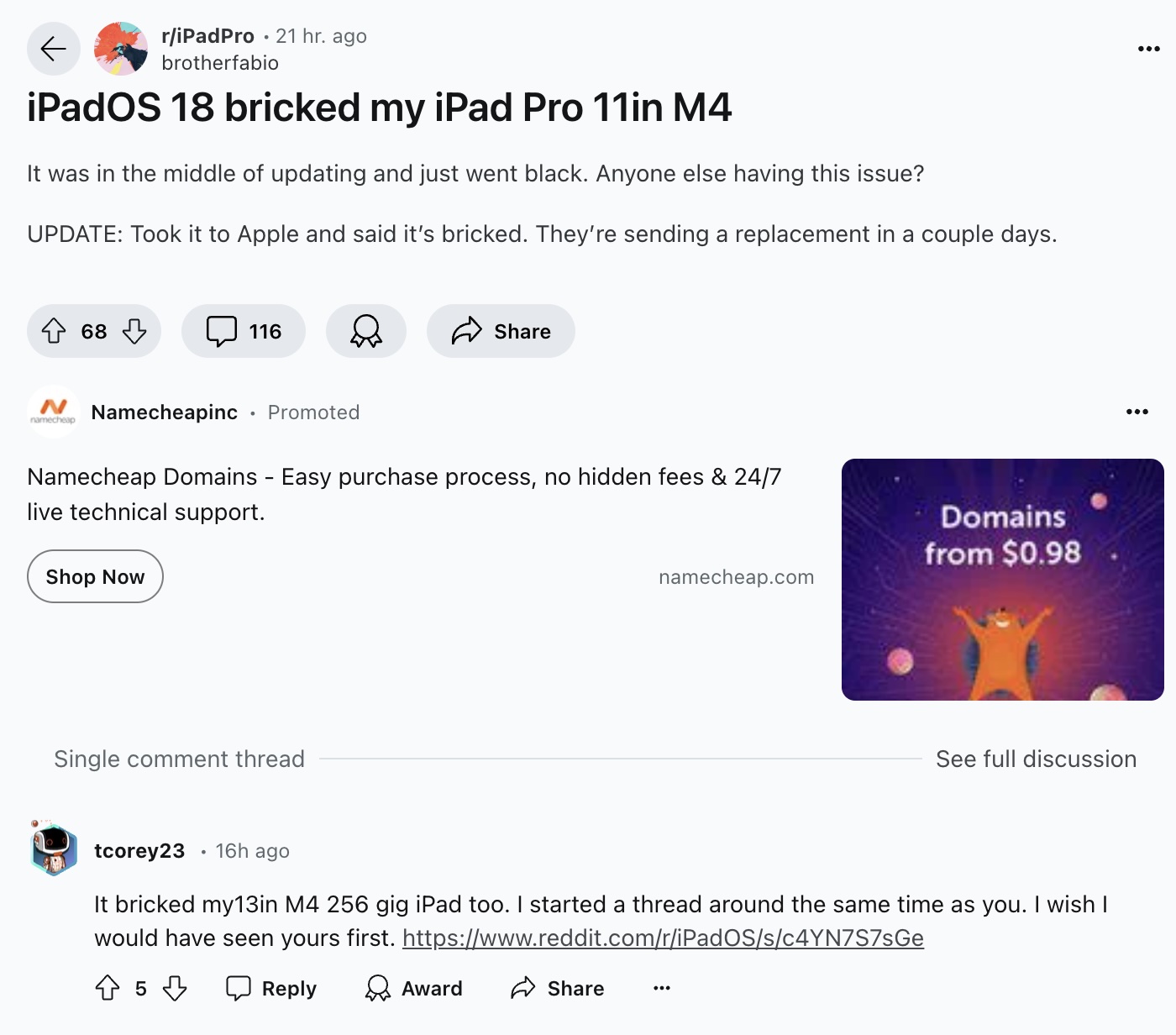 Primeiro relato de usuário de que o iPad Pro M4 travou após a atualização do iPadOS 18.