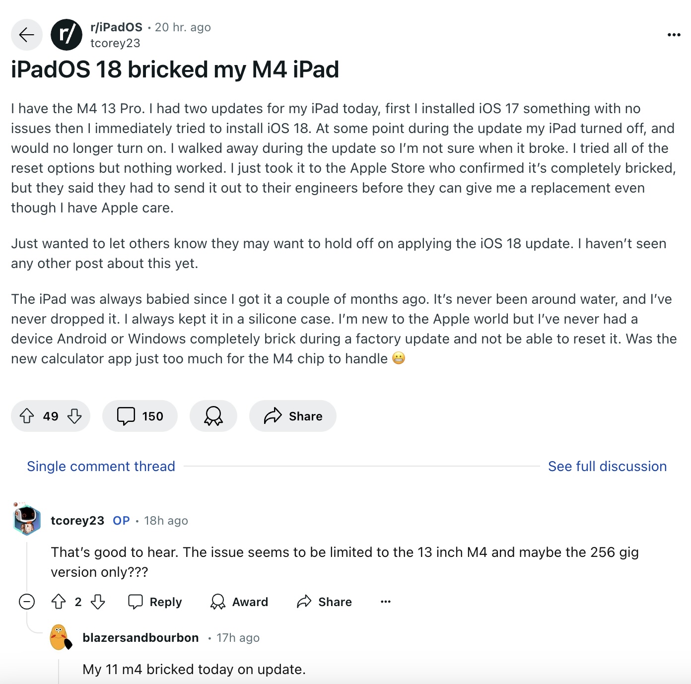 Fifth user report of iPad Pro M4 bricked after iPadOS 18 update.