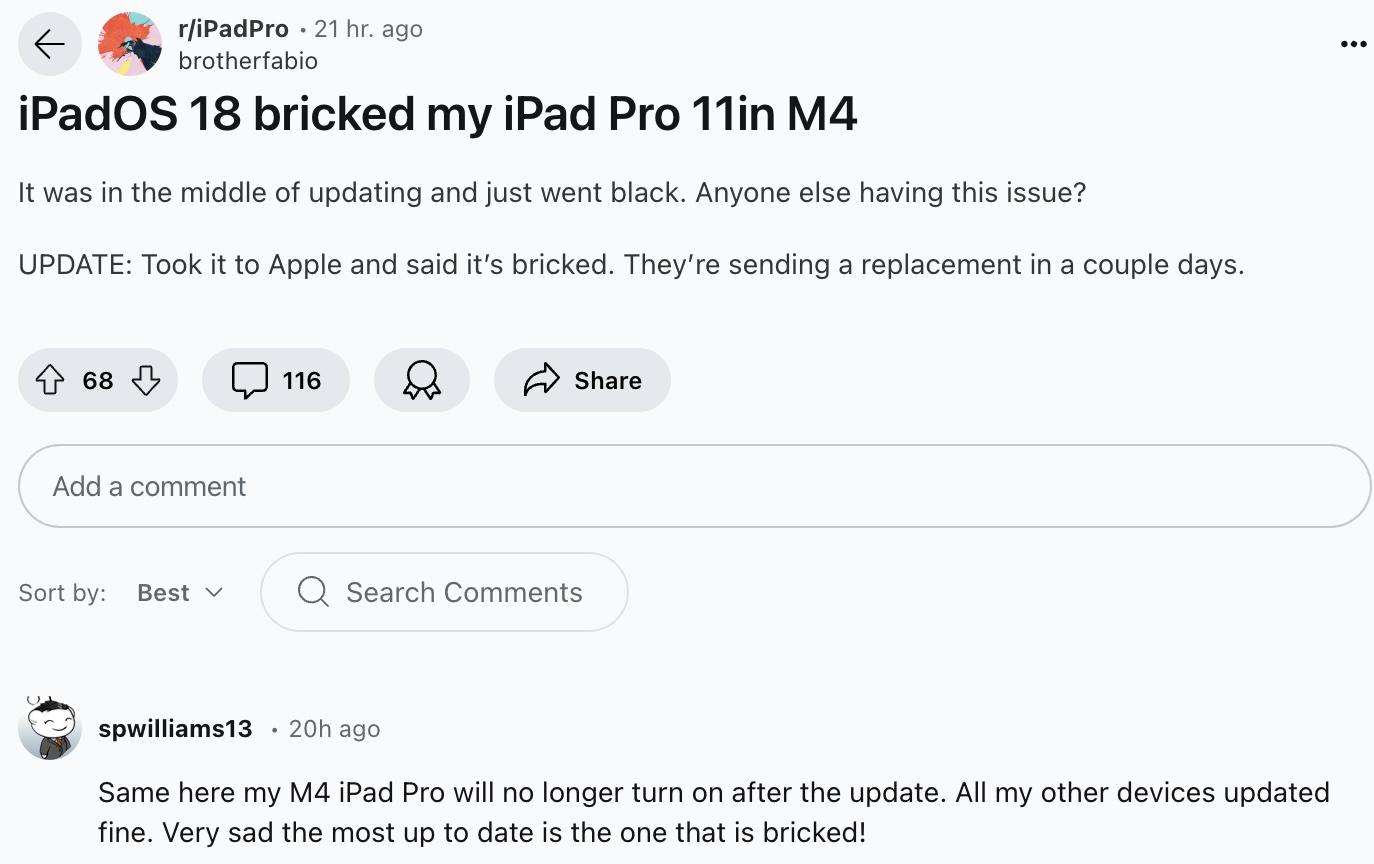 Segundo relato de usuário de iPad Pro M4 bloqueado após atualização do iPadOS 18.