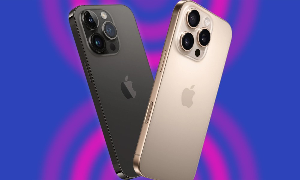 iPhone 14 Pro and iPhone 16 Pro against a purple background.