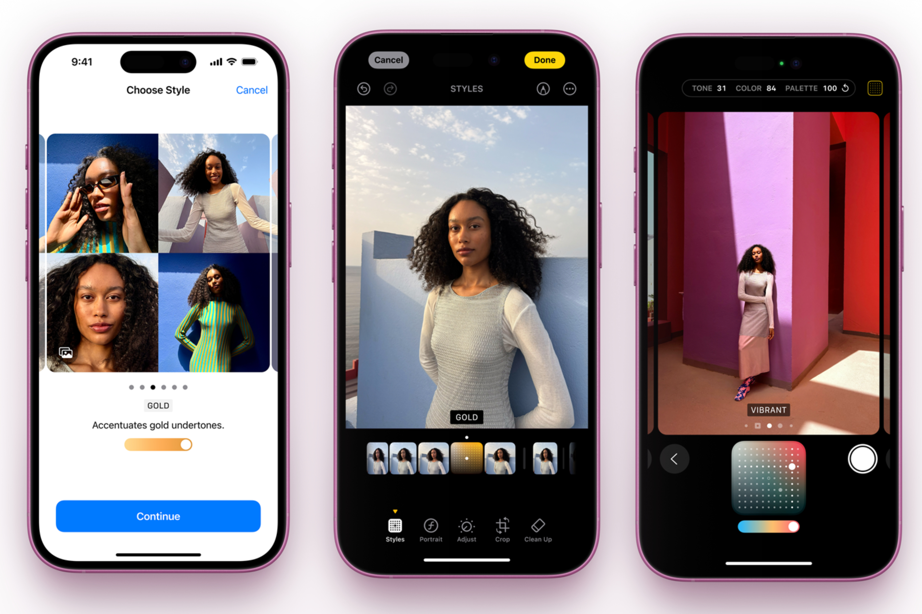 Screenshots of the new Photographic Styles for the iPhone 16.