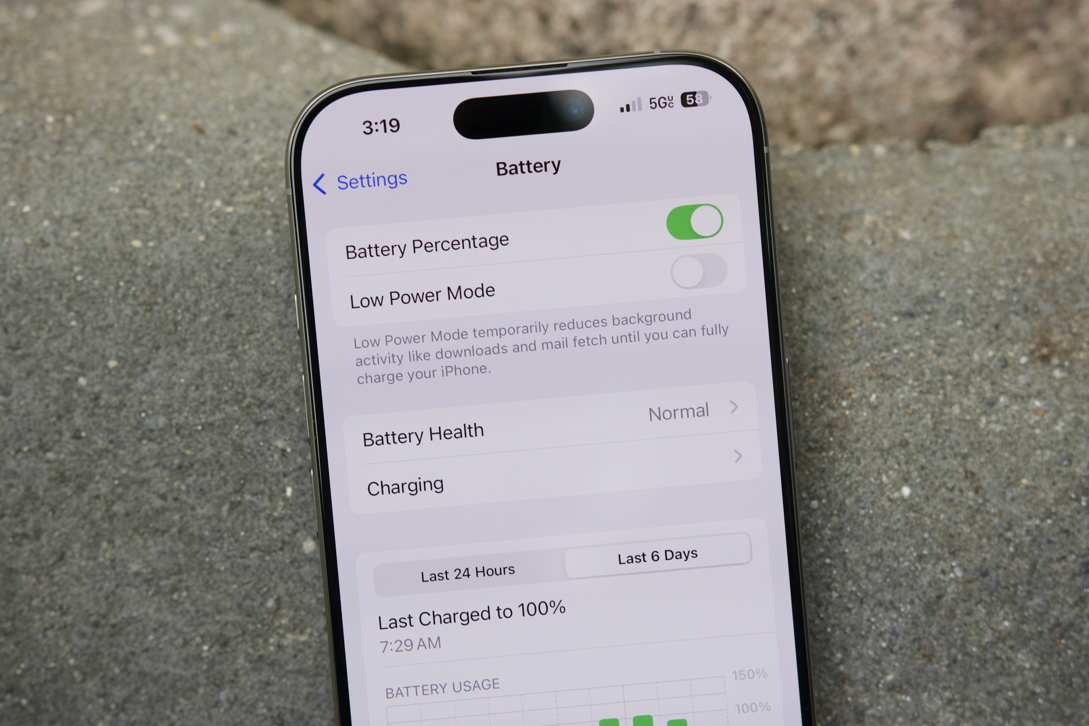 Battery page on the iPhone 16 Pro.