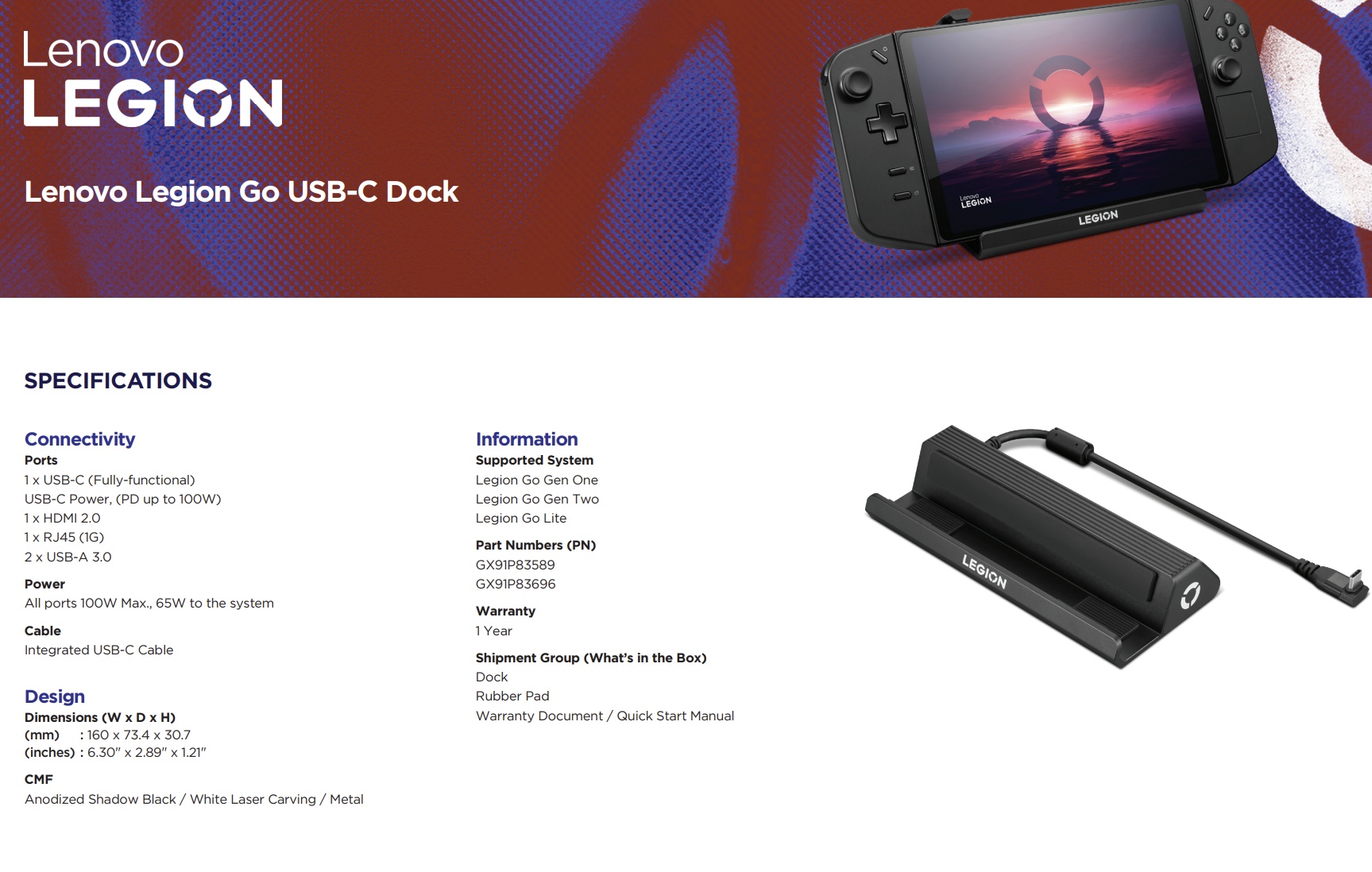 A product documentation of the Lenovo Legion Go USB-C dock.