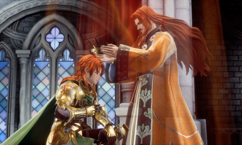 Man with long red hair putting crown on head of red haired teenage boy.