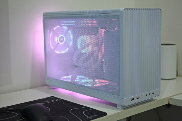 The Lian Li A3-mATX case in white with mesh side panel.