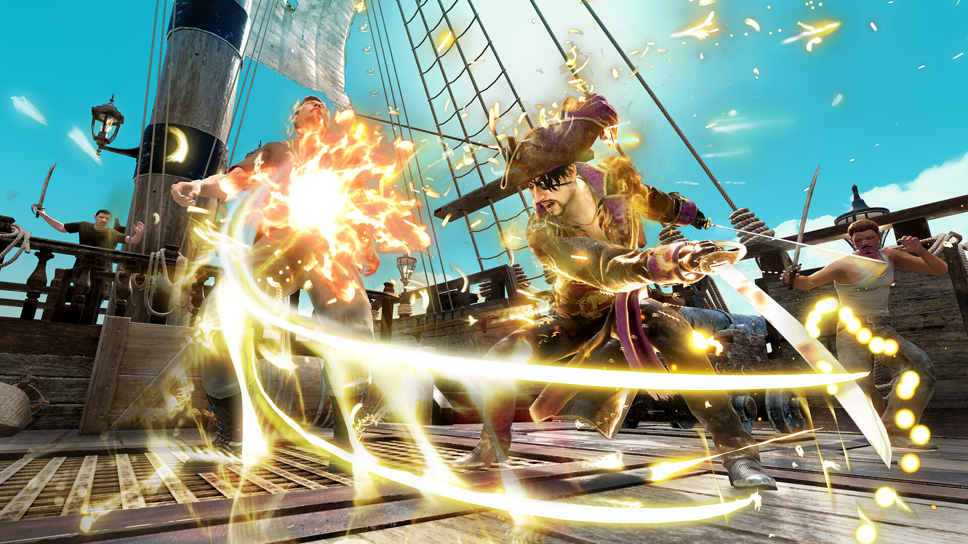 Majima slices an enemy with a sword in Like a Dragon: Pirate Yakuza in Hawaii.