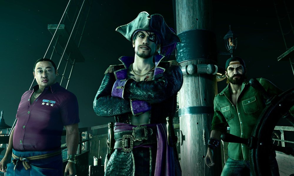 Goro Majima stands with a crew in Like a Dragon: Pirate Yakuza in Hawaii.