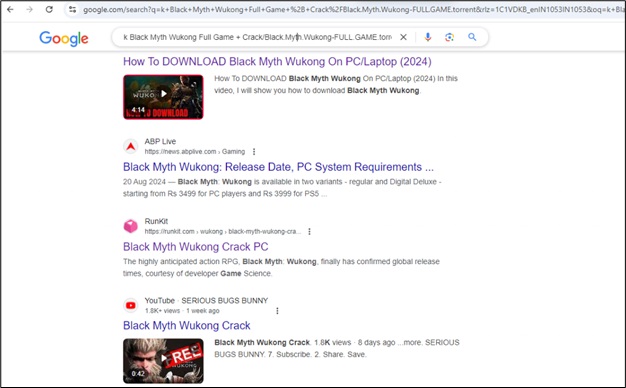 Google search links to pirated or cracked version of Black Myth Wukong.