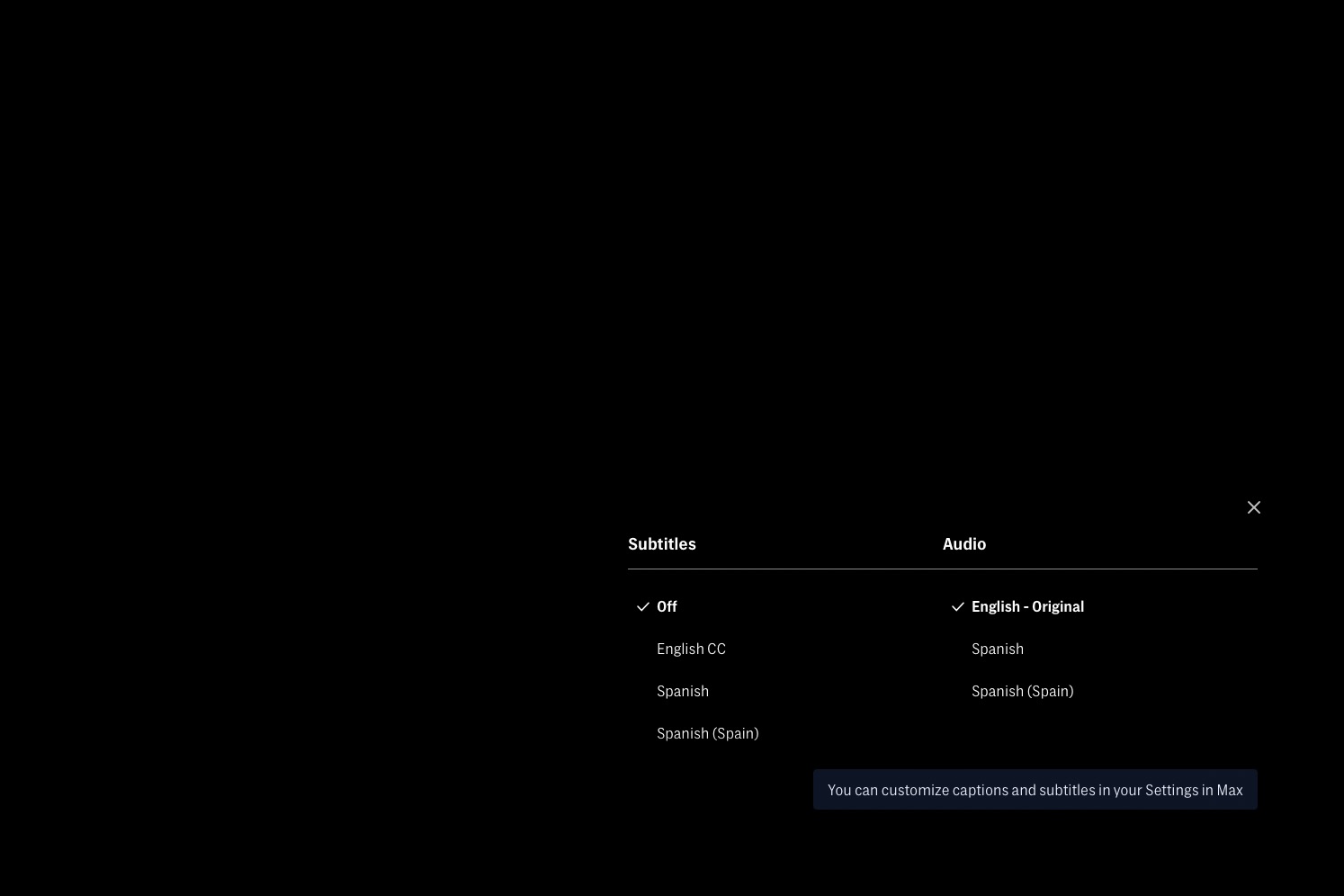 Subtitle and caption options on Max's browser-based web player.