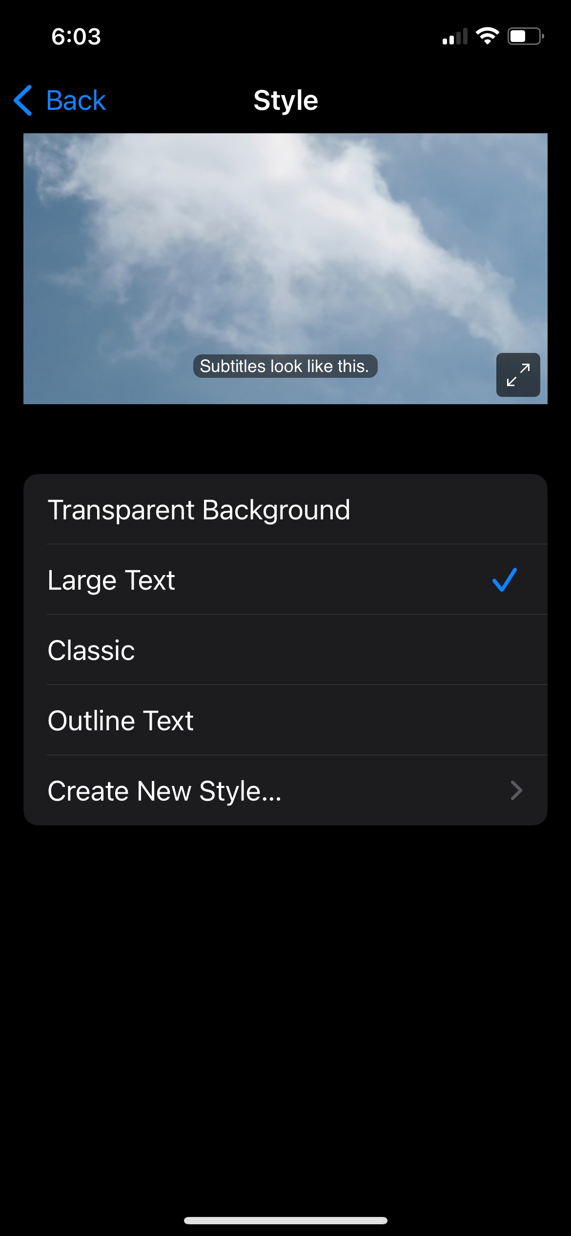 The Style screen for captions and subtitles for iOS.