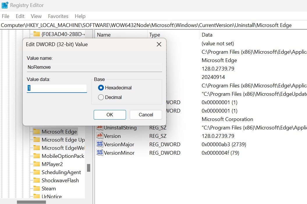 Registry editor method to uninstall Microsoft Edge.