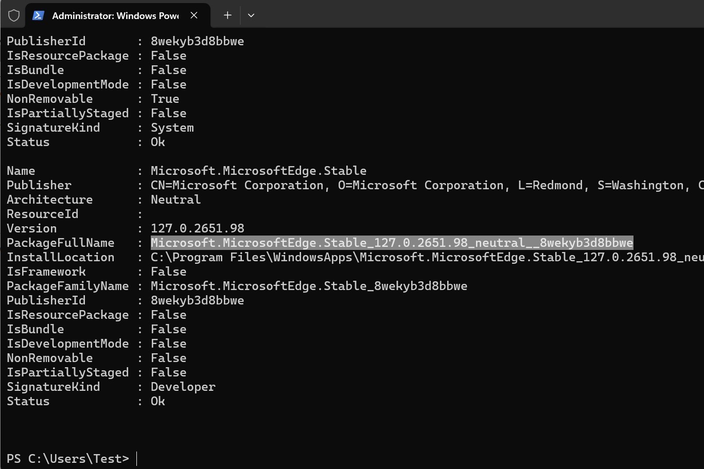 Otro método de comando de PowerShell para desinstalar Microsoft Edge.