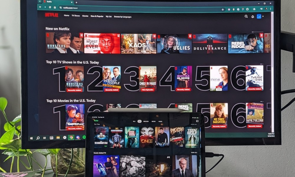 Netflix is shown on a PC, while Hulu is displayed on an iPad 11 Pro.