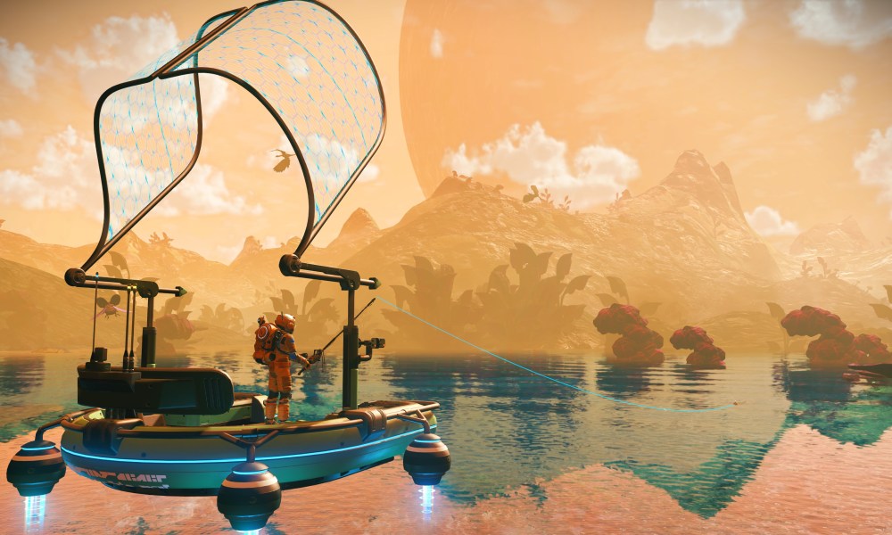 A No Man's Sky player character in an orange suit fishing on a raft in front of an orange sky.