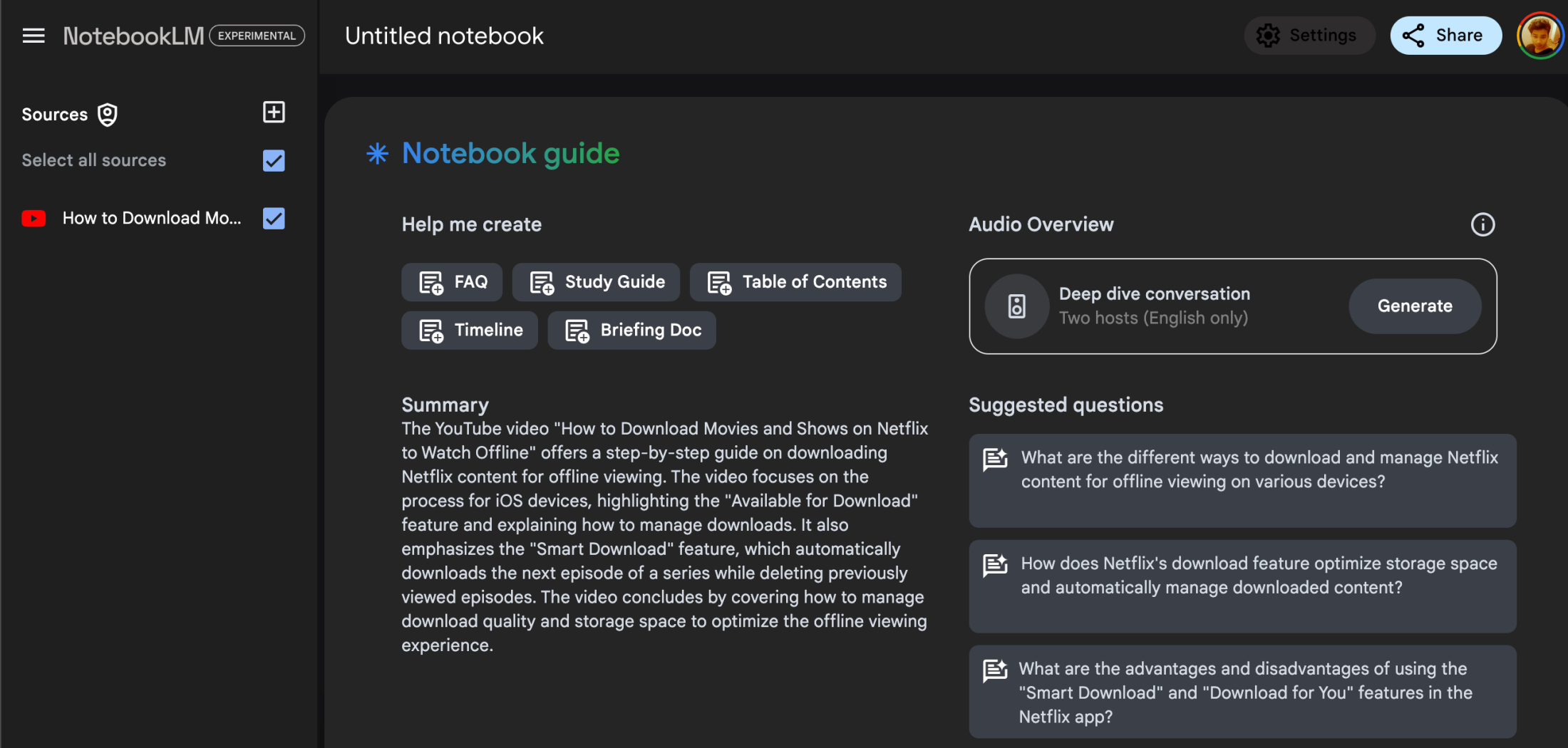 NotebookLM summary of a YouTube video.