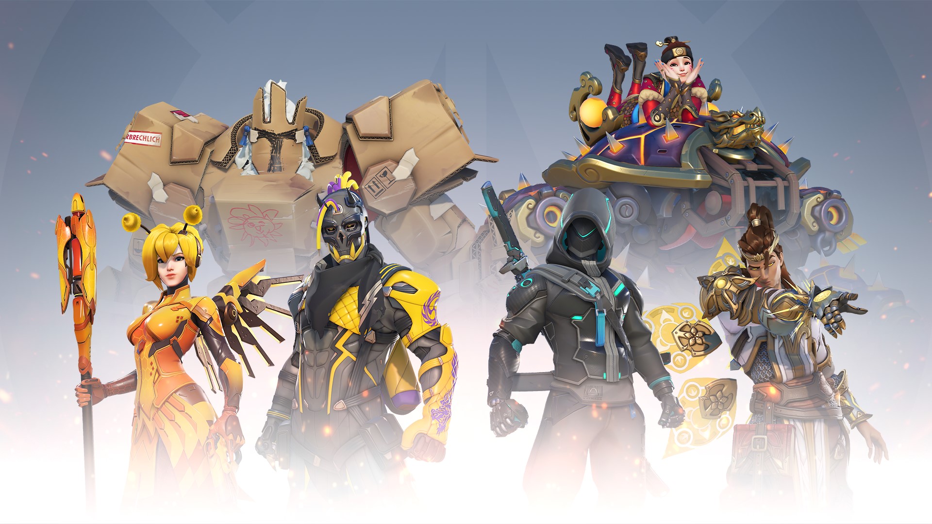 Overwatch 2 skins: Cardboard Reinhardt, Turtleship D.Va, Cyberdragon Hanzo, Street Runner Genji, Bee Mercy, and Cleric Lifeweaver